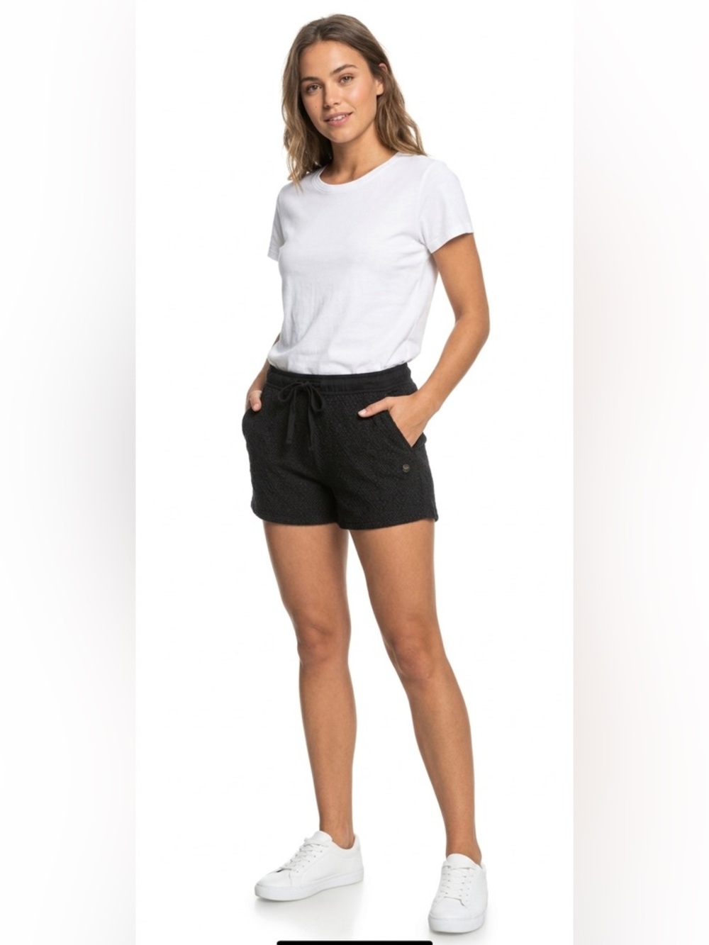 Roxy Textured Shorts Black Size Small Mid-Rise Drawstring Waistband Lined